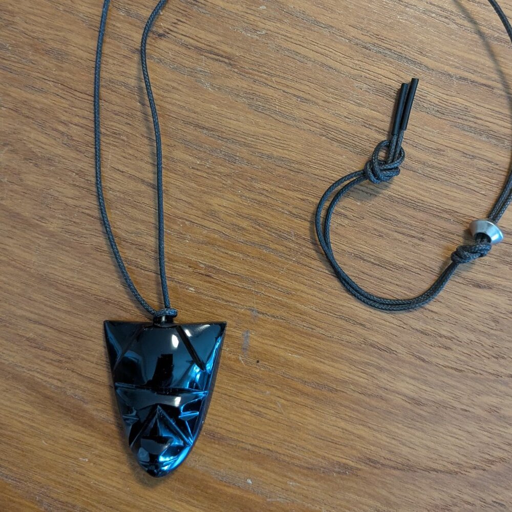 Hand-Carved Obsidian Tribal Mask Pendant | Black Stone Statement Necklace